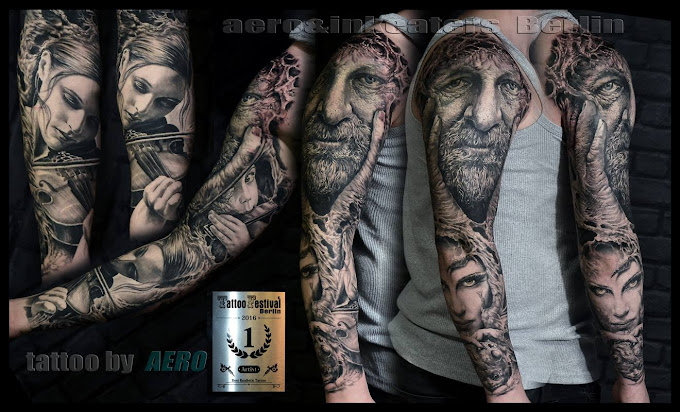 tätowierte Hand – schwarz-graues Tattoo, das unter anderem einen Mann darstellt