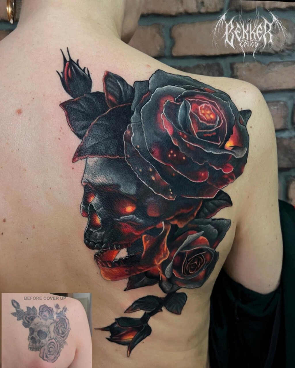 Tätowierter Rücken und Schulterblatt – Rose und Totenkopf