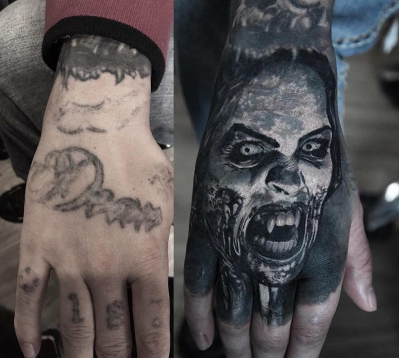 Tattooo auf der Hand - Cover-up: Vorher und Nachher Bilder
