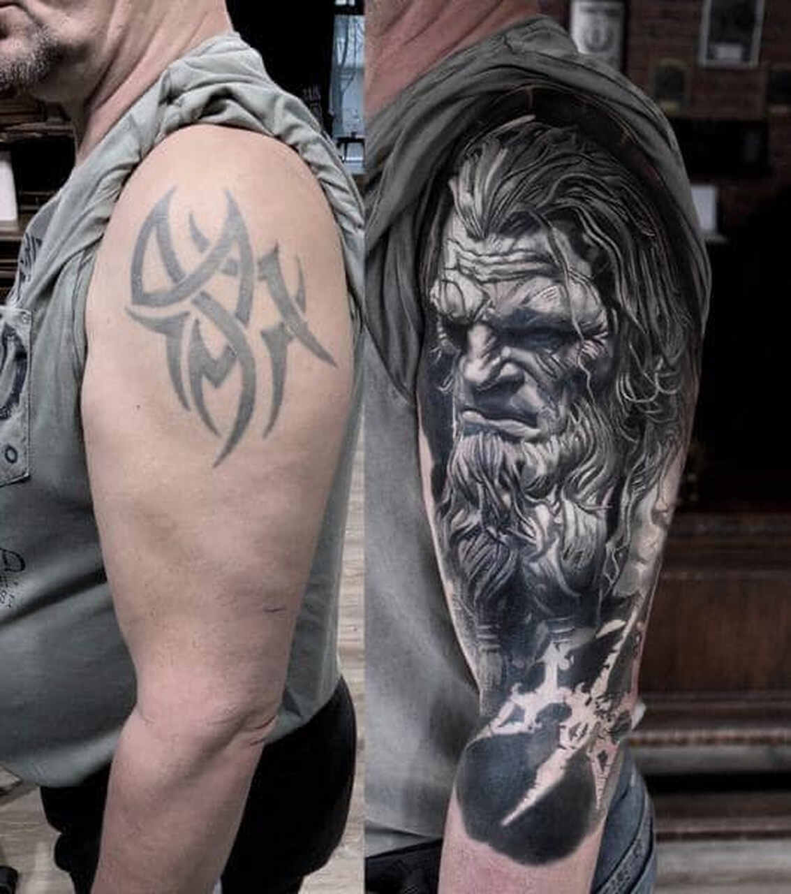 Vorher-Nachher-Bild eines Tribal Cover Up Tattoos